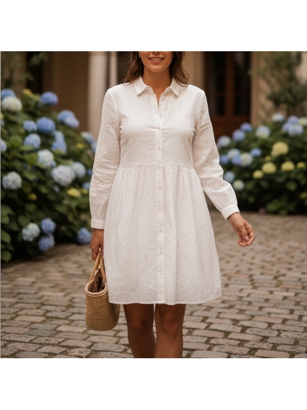 J. Crew sz 6 White Eyelet Mini Shirt Dress cotton long sleeve tier skirt cotton